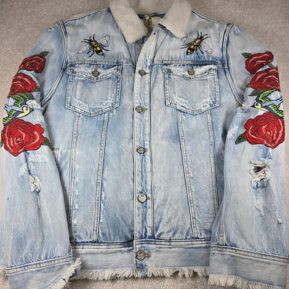 Denim Sherpa Jacket 2XL Tiger Embroidered Distressed Streetwear Legends Rose Bee - Picture 9 of 12